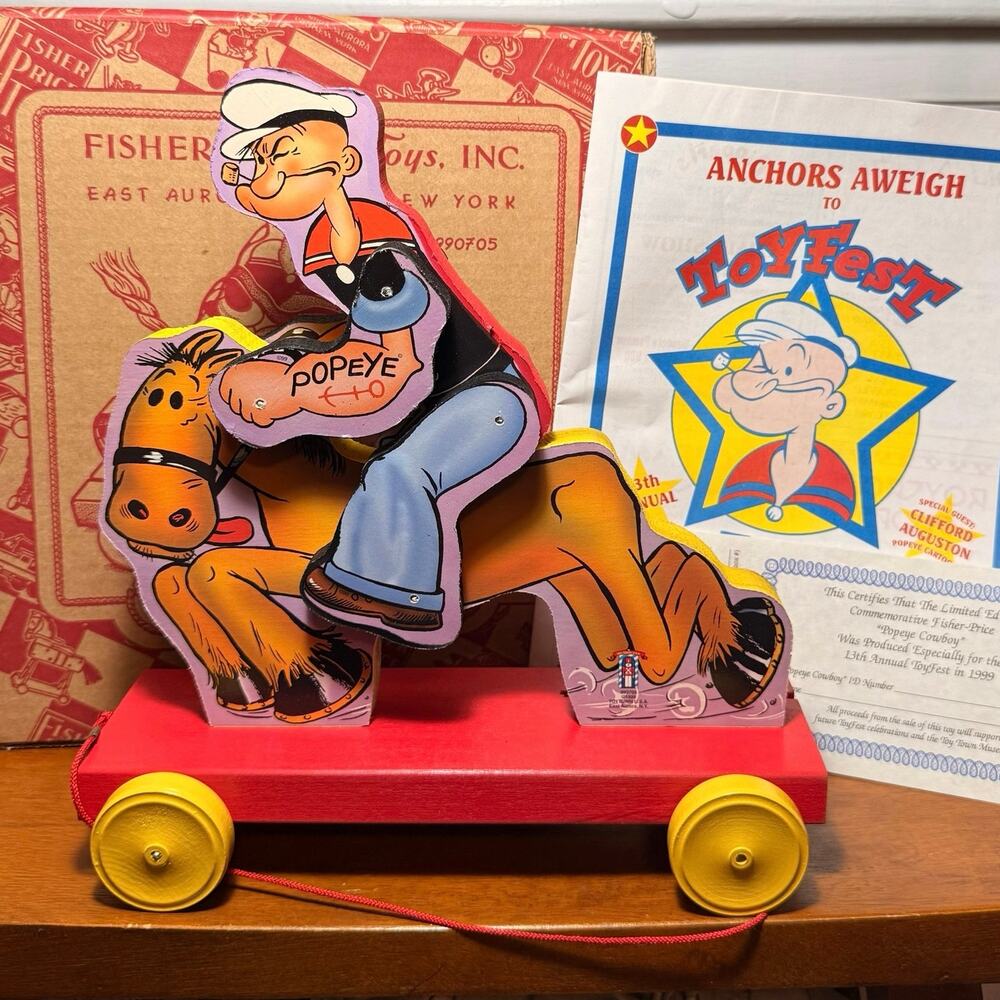 Vintage Fisher-Price Popeye Cowboy Pull Toy ToyFest 1999 with Box, Pamphlet, COA